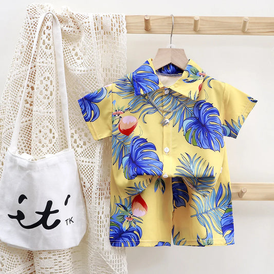 Kids Baby Summer Clothing Leaf Printed Boys Short Sleeve Shirt+Shorts 2Pcs Suit Trendy Children Thin Style Outfit