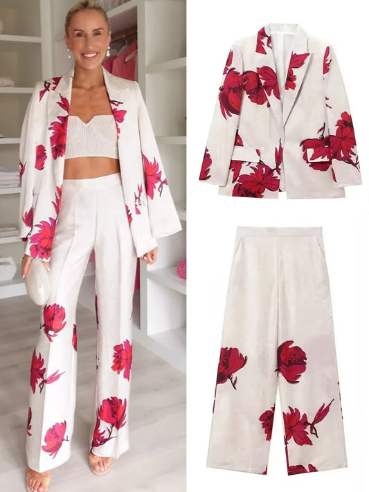 TRAFZA Women Print Lapel Long Sleeves Fake Pocket Decorate Blazer Top+2024 Slim Loose Side Zipper Wide Leg Pants Trouser Suit