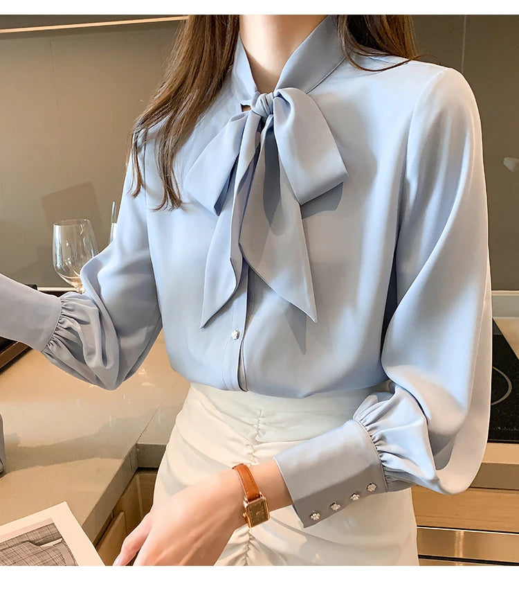 H Han Queen New Arrival Shirt Womens Blouse Vintage Work Casual Tops Chiffon Blouse Bow Elegant Loose Women Business Shirts 2021