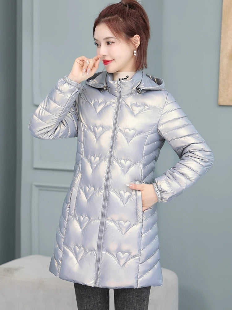 2023 New Winter Jacket Long Coats Women  Hooded Glossy DownCotton Jacket Warm Casual Parka Padded Cotton Coat Female