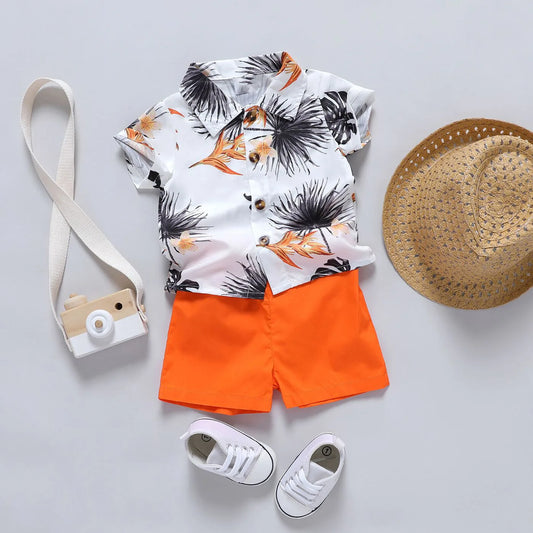 Infant and toddler boys summer printed collar single breasted top+shorts casual set