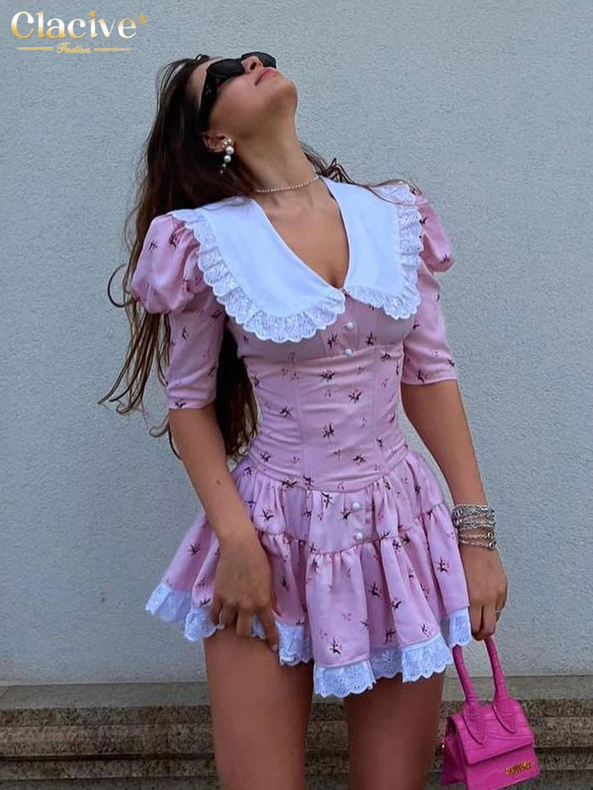 Clacive Summer Slim Print Women'S Dress 2023 Bodycon Doll Collar Short Sleeve Mini Dresses Elegant Lace Patchwork Female Dress