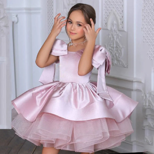 Dusty PinK Flower Girl Dress Customized Scoop Neck Off The Shoulder Big Bow Puff Cute Birthday Party Dresses Communion Gown
