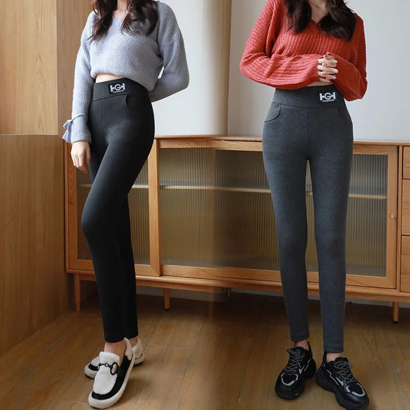 Winter Thermal Pants For Woman Lamb Cashmere Leggings High Waist Extra Thick Wool Tights Pants Warm Fleece Insulated Trousers