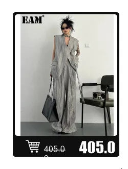 EAM Gray Spliced Pleated Personality Blazer Women New Lapel Long Sleeve Loose Fit Jacket Fashion Tide Spring Autumn 2025 30A1252