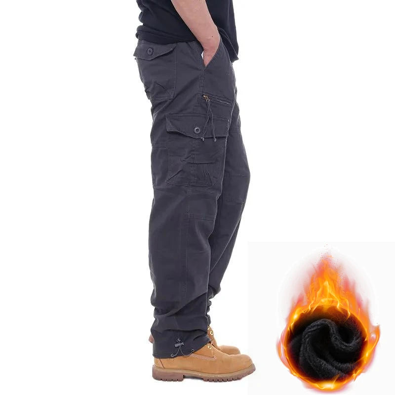 Autumn Winter Mens Cargo Pants Fleece Warm Trousers Cotton Pants Insulated Hiking Running Pants Man Multiple Pockets