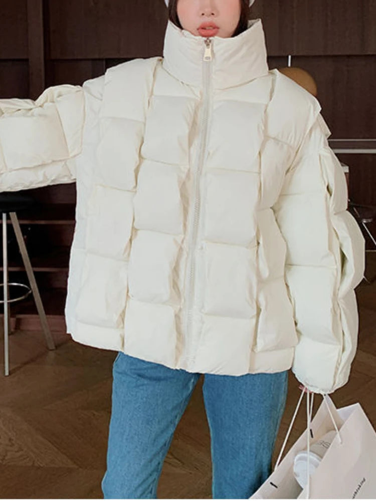 Winter Jacket for Women Three-dimensional Plaid Woven Fashion Coat Solid High Street Warm and Thick 2023 Winter New Down Jacket