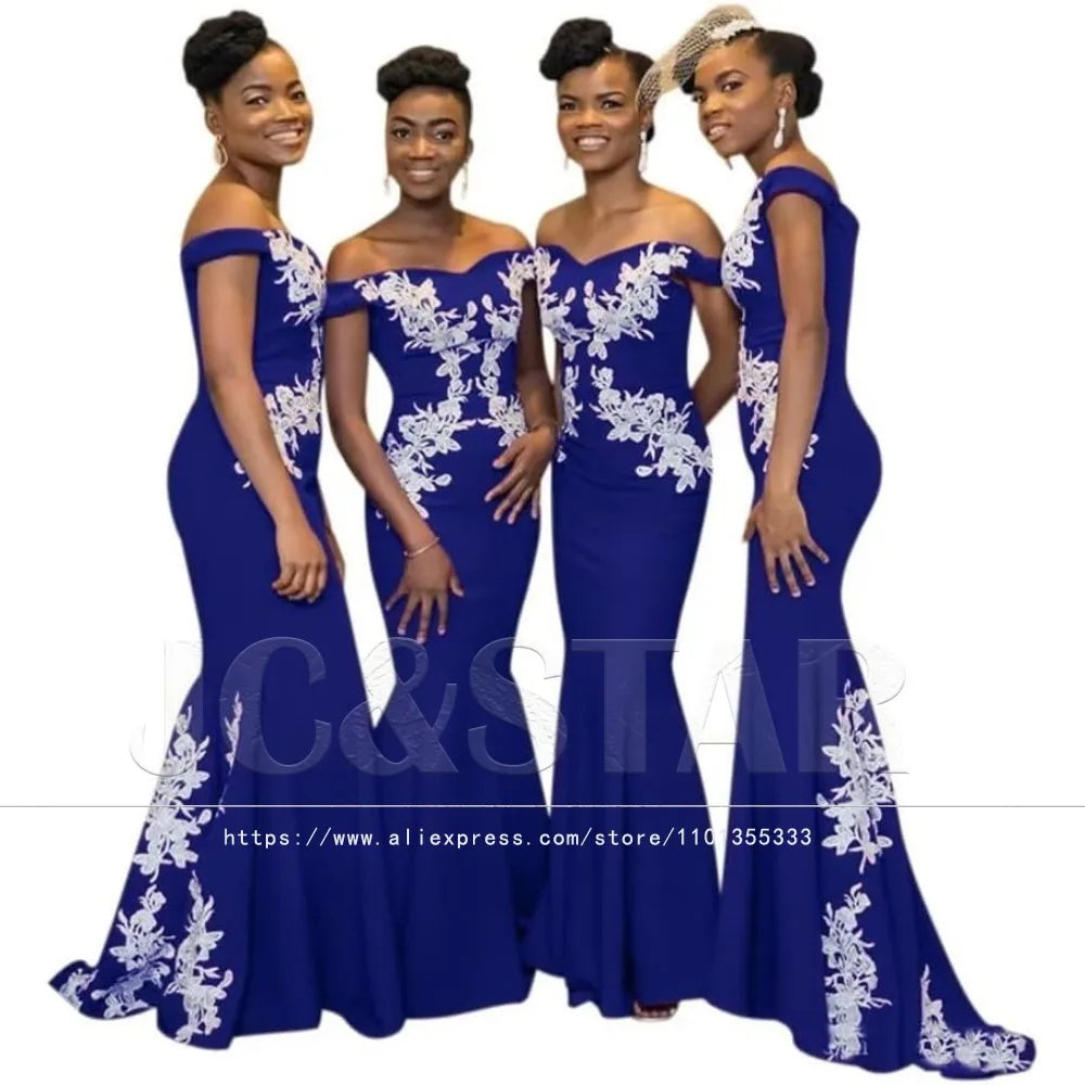 Burgundy Womens Off The Shoulder Mermaid Bridesmaid Dresses for Wedding Lace Satin Prom Dresses Long Formal Evening Gowns Africa