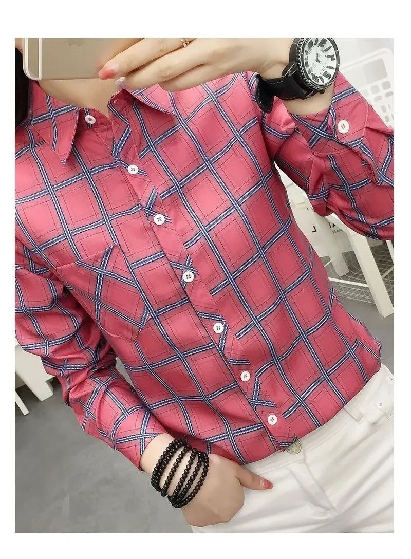 2024 Autumn New College Style Plaid Shirts Womens Long sleeve Button Down Casual Tops Loose Fashion Polo Neck Blouses
