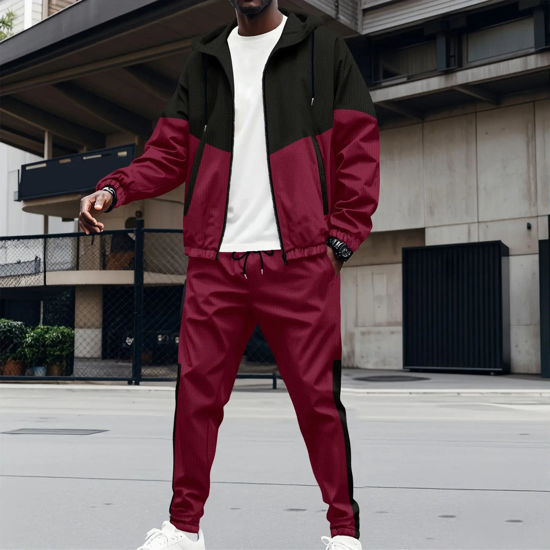 2025 Best-selling Men's New Spring And Fall Hooded Zipper Double-pocket Patchwork color Jacket Men's coat Sports Two-piece Suit