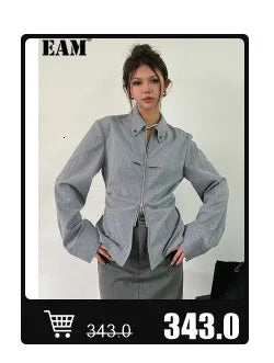 EAM Gray Spliced Pleated Personality Blazer Women New Lapel Long Sleeve Loose Fit Jacket Fashion Tide Spring Autumn 2025 30A1252