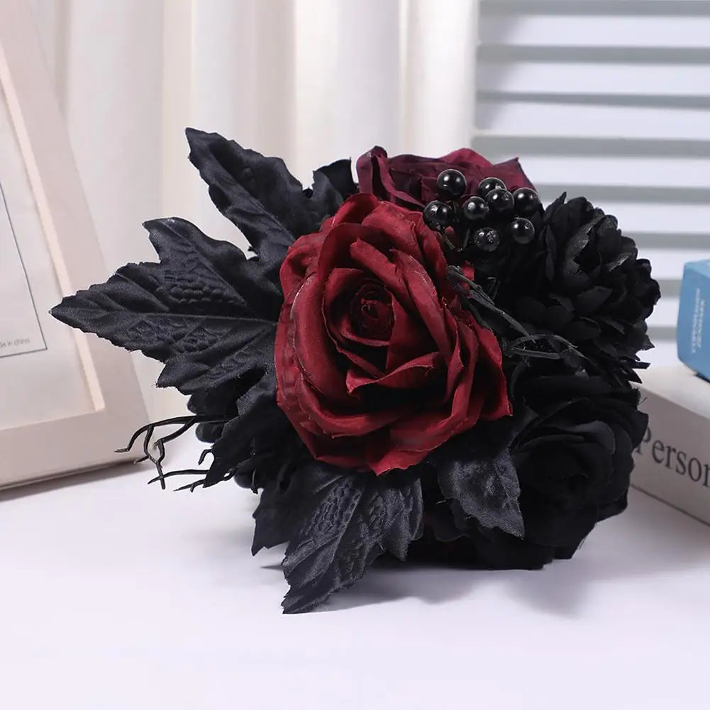 Yannew Black Burgundy Gothic Bridal Bouquets for Bride Bridesmaids Artifiicial Silk Foam Roses Flower Wedding Bouquet Halloween