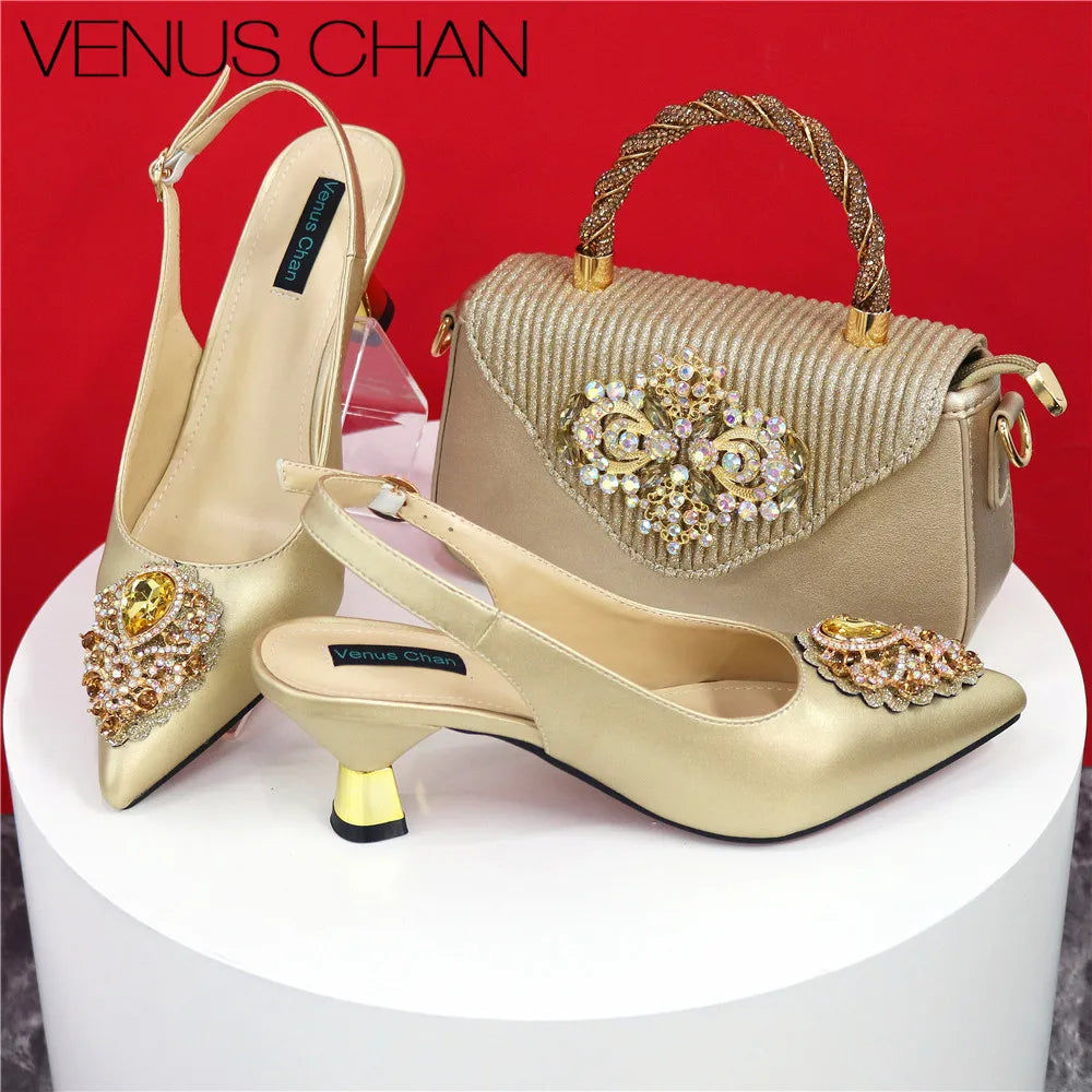 Italian 2024 Fashion Design Diamond Chain Full Diamond Bag And Pointed High Heels Noble And Generous Decoration Full Diamond
