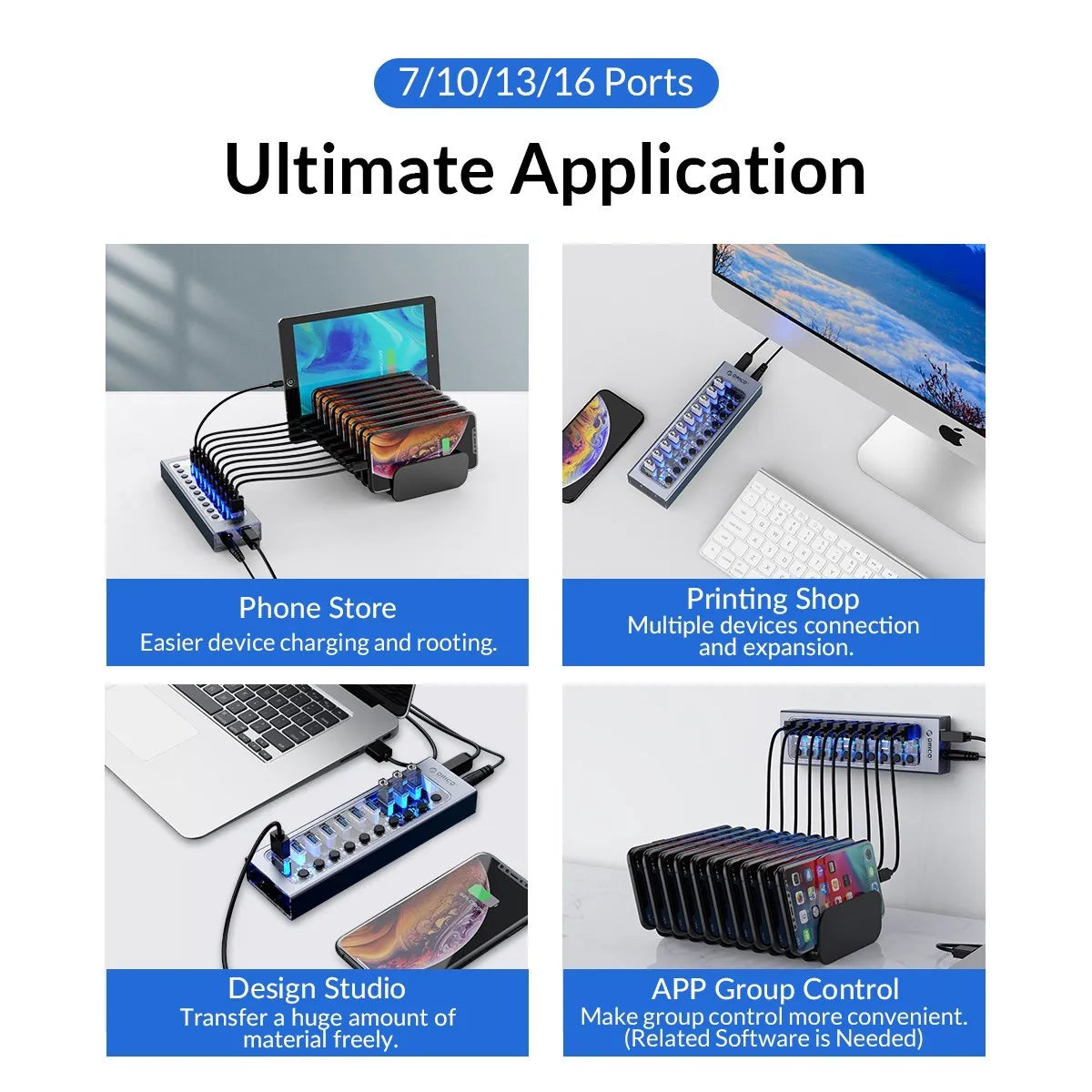 ORICO Aluminum Powered USB3.0 HUB 7/10 Ports USB Extension with Switches 12V Power Adapter Support BC1.2 Charging Splitter