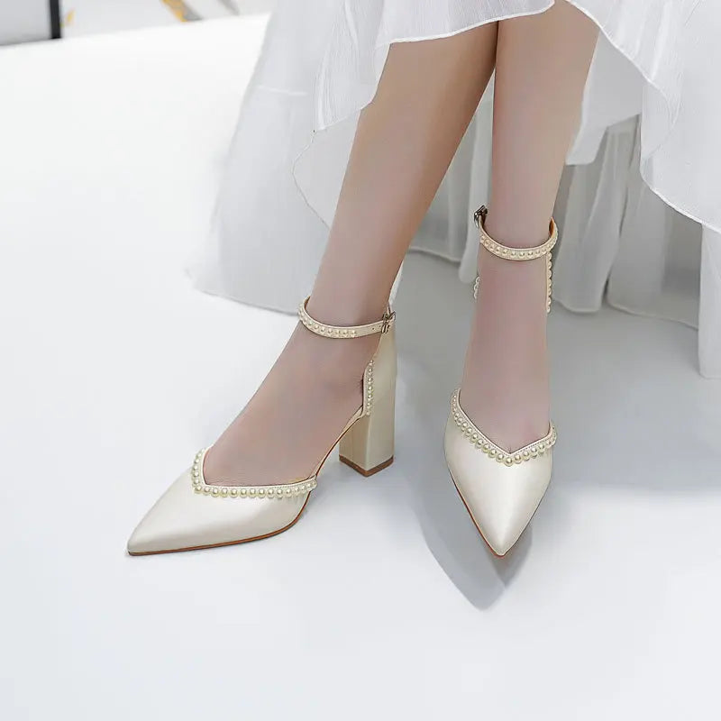 Size 34-48 Pointed Tie High Heels White Bridal Shoes Thick Heel Hollow Handmade Pearls Women's Wedding