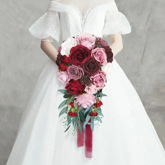 45X22CM Artificial Flower Bundle Bride Water Drops Holding Flowers Wedding Supplies Rose Silk Flower Wedding Photography Props