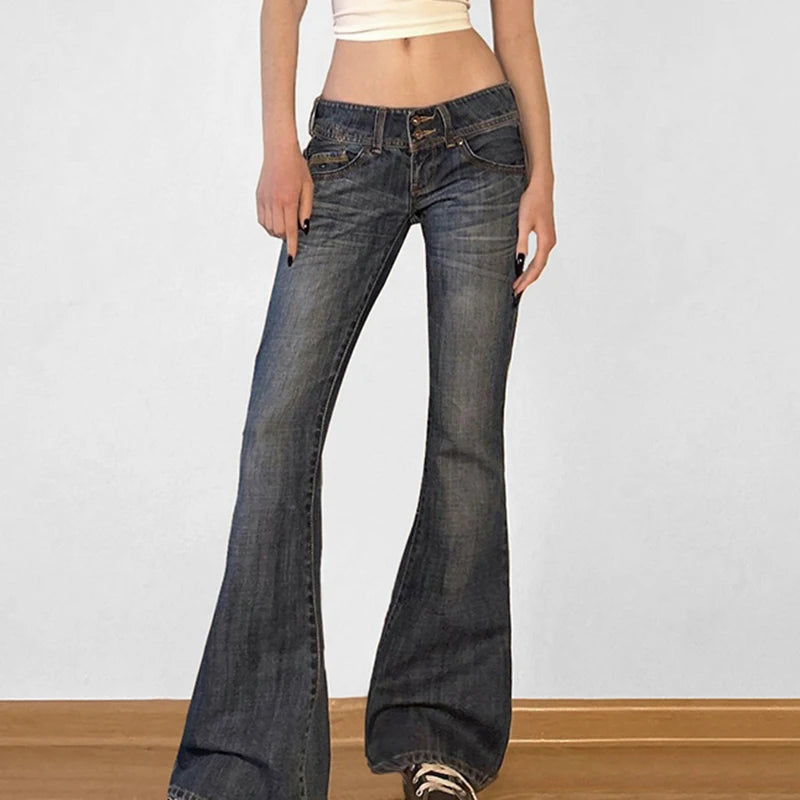 Cuteandpsycho Fashion Low Waisted Washed Flared Jeans Button Harajuku Aesthetic Pants Streetwear Basic Slim Pockets Y2K Bottoms