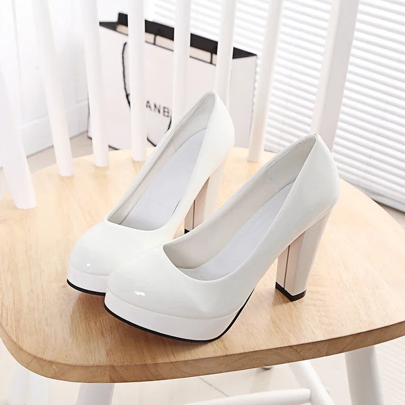 High Heels Shoes Women White Wedding Shoes Thick 10 CM Heels Fashion Party Pumps Footwear Black Red Round Zapatos De Mujer