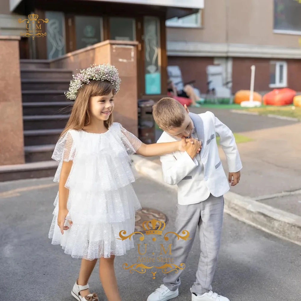 Boys' Linen Suit 2-piece set white Jacket Grey Pants Toddler first communion Outfit, pageboy formal set for wedding ring bearer
