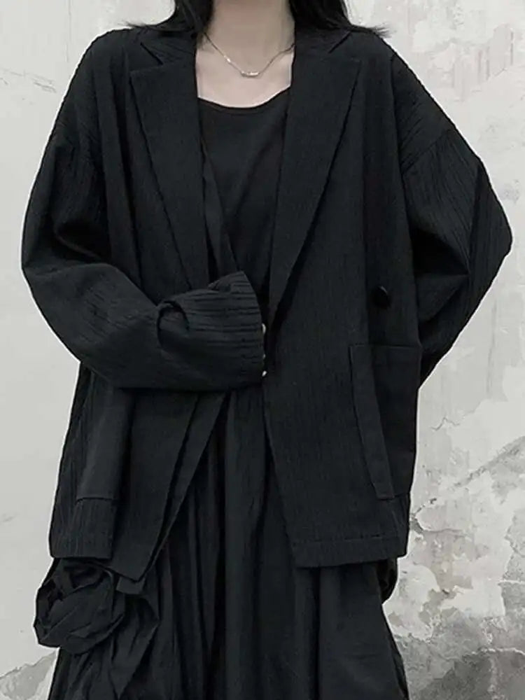 EAM Gray Spliced Pleated Personality Blazer Women New Lapel Long Sleeve Loose Fit Jacket Fashion Tide Spring Autumn 2025 30A1252