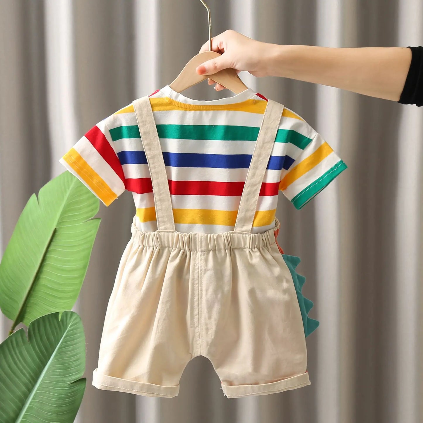 Summer New 2025 Fashionable Children's Boys' Colorful Striped Cotton Short Sleeved/cartoon Dinosaur Overalls Two-piece Set 1