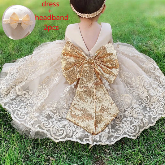 Gold Bow Flower Baby Dress for Girls Christmas Costumes 1st Birthday Party Princess Dresses Wedding Formal Evening Kids Clothing