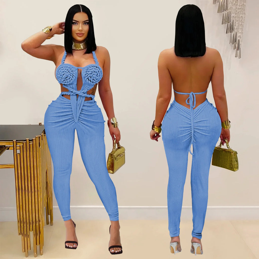 GLCMYAYA Women Halter Neck Knit Ribbed Ruched Stacked Jumpsuits 2025 Summer Vacation Beach Romper Playsuit One Piece Set Outfits