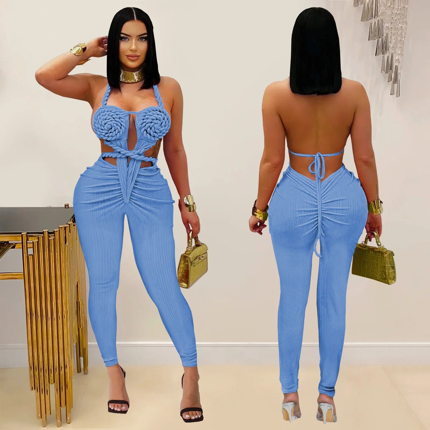 GLCMYAYA Women Halter Neck Knit Ribbed Ruched Stacked Jumpsuits 2025 Summer Vacation Beach Romper Playsuit One Piece Set Outfits