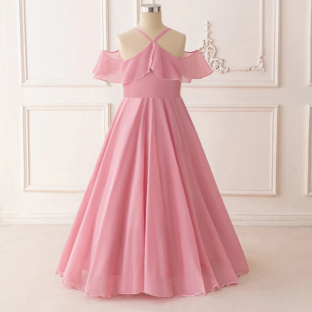 Ruffle Girls Party Bridesmaid Strap Dress off Shoulder Long Wedding Princess Prom Dresses Kids Elegant Beach Birthday Evening
