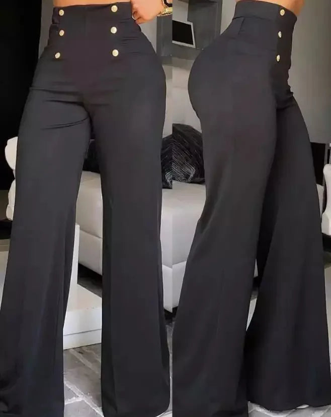 Elegant Casual  High Waist Wide Leg Pants Fashion Loose Button Long Pant Office Solid Spring Autumn Womens Clothing New Pant