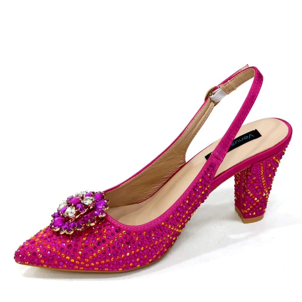 Venus Chan Nigerian Women Heel Party Ladies Italian Design Shoes And Bag Set Decorated with Rhinestone Handbag Wedding Party