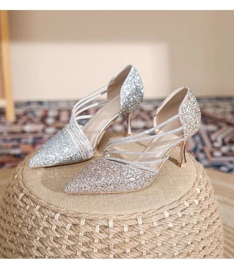 Sexy Pointed Toe Champagne Ladies High Heels New Shiny Crystal Wedding Bridal Shoes Simple and Elegant Women's Dress Shoes