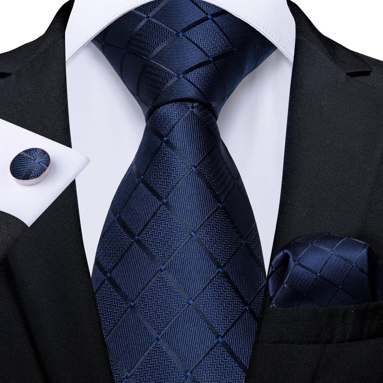 Solid Black Plaid Men's 8cm Polyester Neck Tie Handkerchief Cufflinks Set with Gift Box Tie Clip Birthday Anniversary Gift