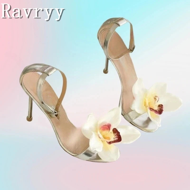Women New Flower Decor Wedding Shoes Brand Design Thin High Heels Sandals Open Toe Summer Party Dress Shoes