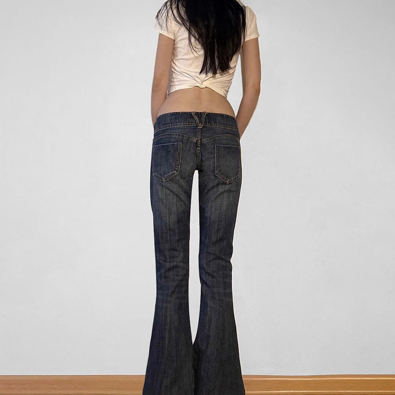 Cuteandpsycho Fashion Low Waisted Washed Flared Jeans Button Harajuku Aesthetic Pants Streetwear Basic Slim Pockets Y2K Bottoms