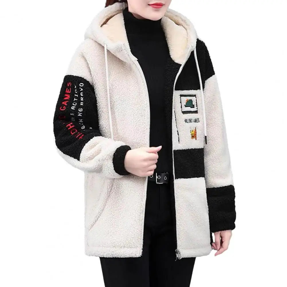 Women Autumn Winter Jacket Hooded Colorblock Thick Plush Long Sleeve Letter Embroidery Drawstring Cardigan Lady Mid Length Coat
