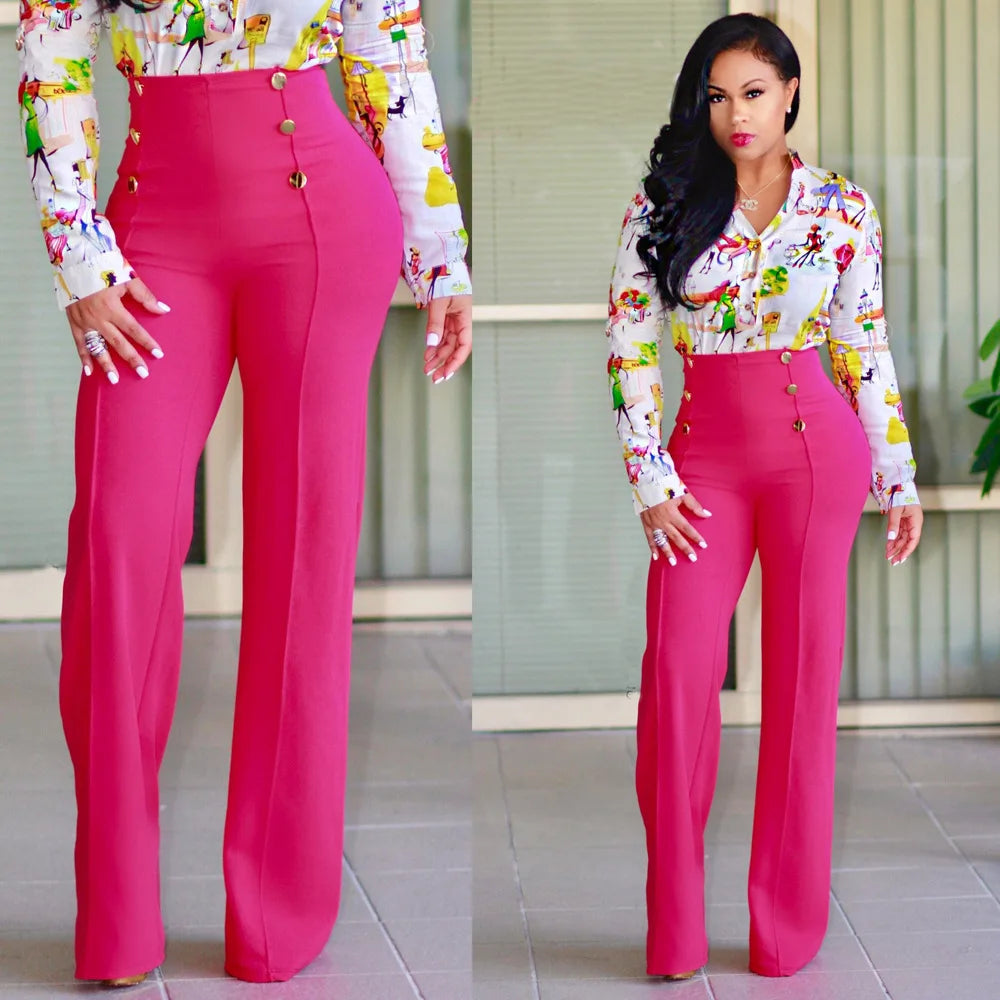 Elegant Casual  High Waist Wide Leg Pants Fashion Loose Button Long Pant Office Solid Spring Autumn Womens Clothing New Pant