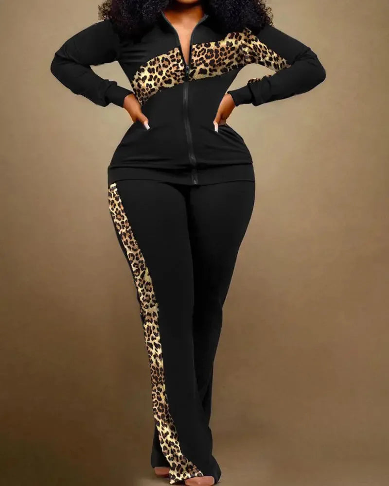 2023 Women Print Zipper Stand Collar Sheath Tops Two Piece Sets Full Sleeve Casual Long Straight Pants Set Autumn Winter