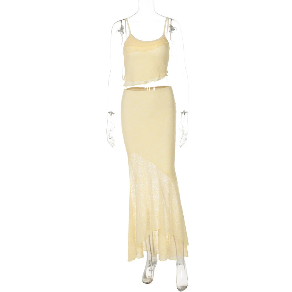 Tuularose Lace Sling Long Skirt Set Summer See-through Backless High Waisted Women Two Piece Sexy Beach Vacation Long Skirt Set