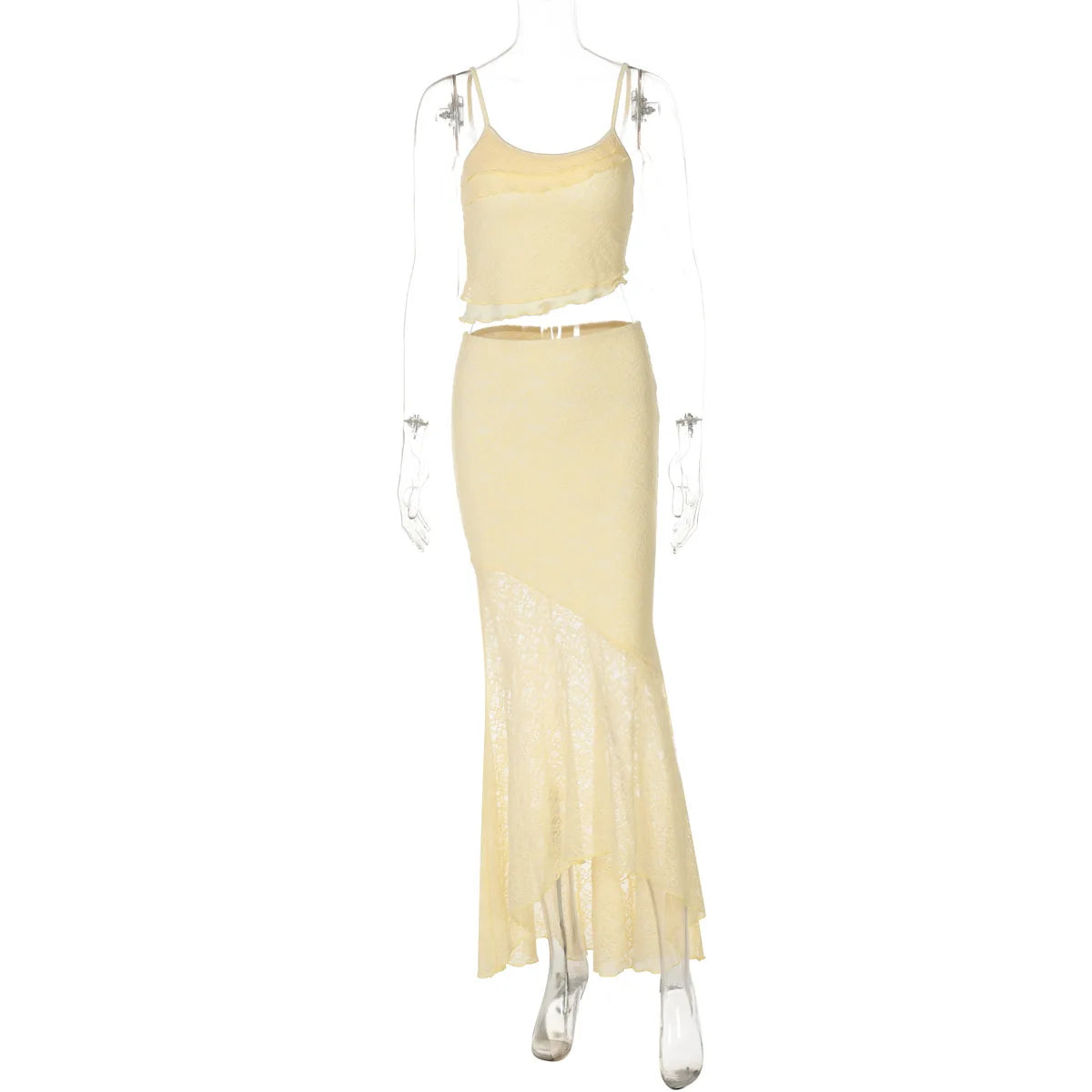 Tuularose Lace Sling Long Skirt Set Summer See-through Backless High Waisted Women Two Piece Sexy Beach Vacation Long Skirt Set