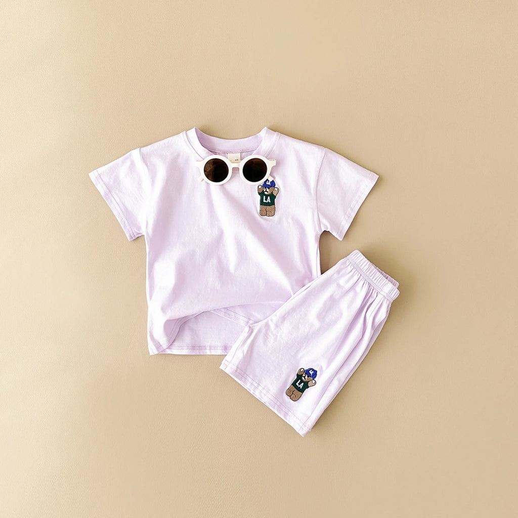 INS Summer Baby Boys Clothes Baby Girls Suit Bear Embroidery Thin Sports T-shirt Baby Cotton Infant Outfit Set Children Clothing