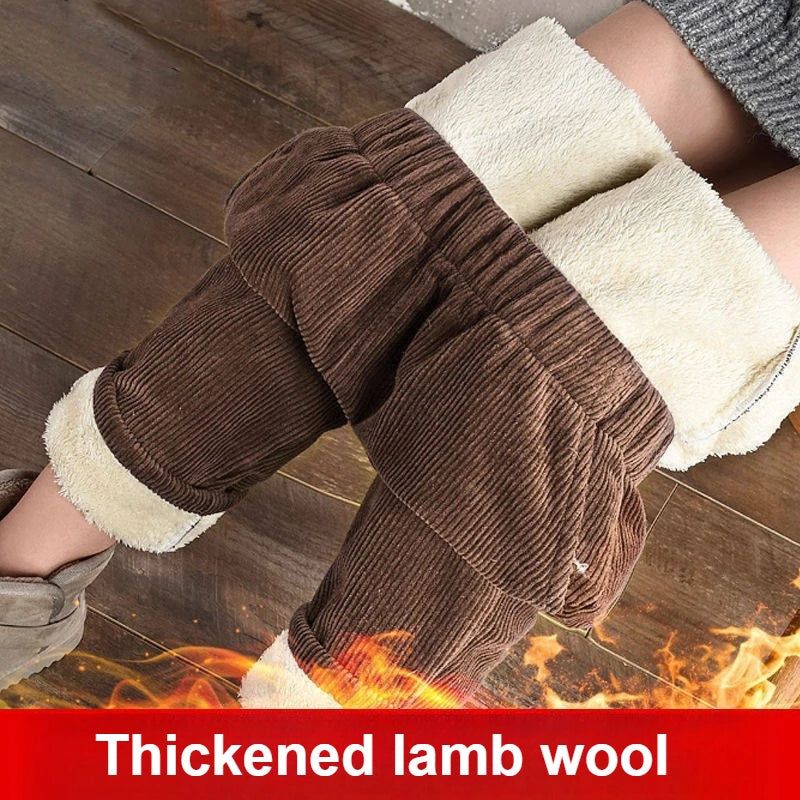 Corduroy Pants Women Winter Plush Lined Wide Leg Relaxed Fit Fleece Insulated Ribbed Trousers Vintage Street Style Leggings