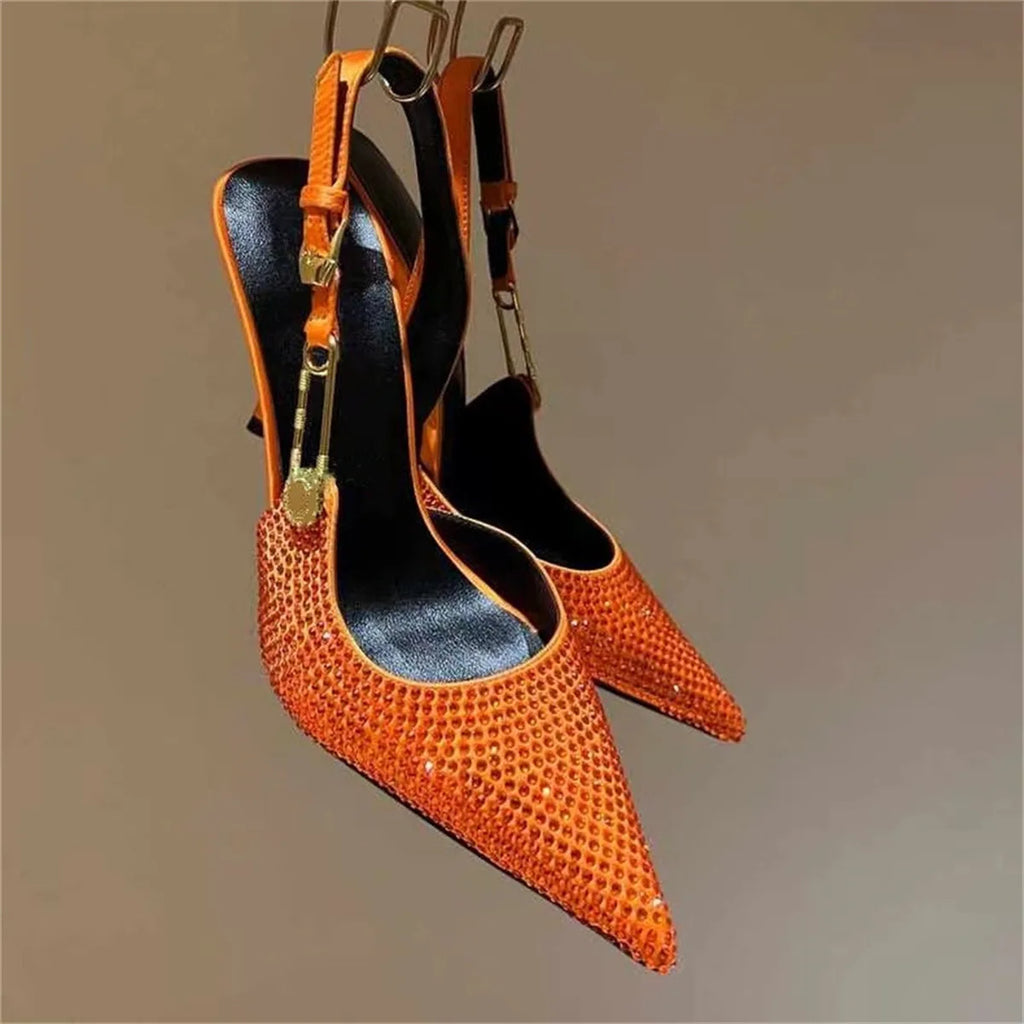 2025Women's Sexy Silk Rhinestone Pumps Belt Buckle Back Hollow Pointed Toe Thin Heel Sandals Pumps Female High Heels Party Shoes