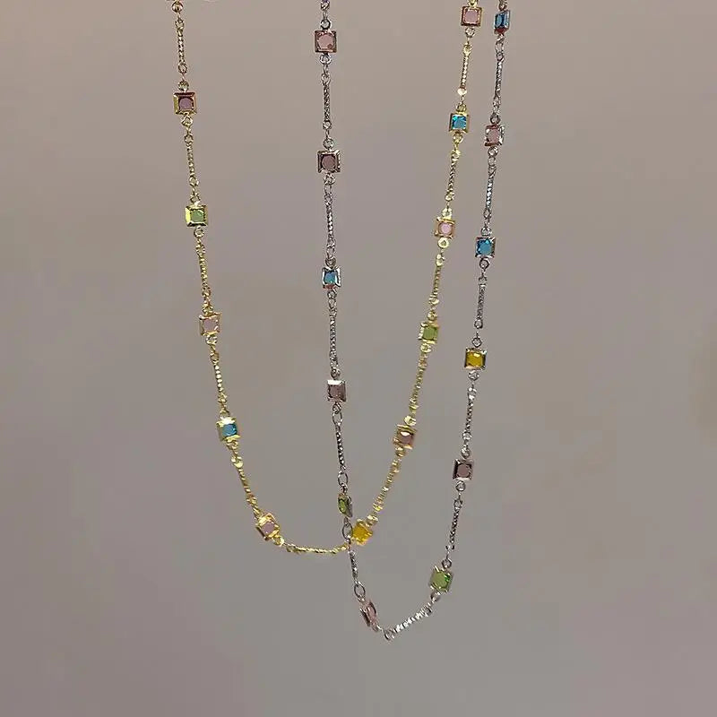 Hot Sale Colorful Square Rhinestone Necklace Fashion Exquisite Light Luxury Zircon Clavicle Chain Female Wedding Jewelry Gifts