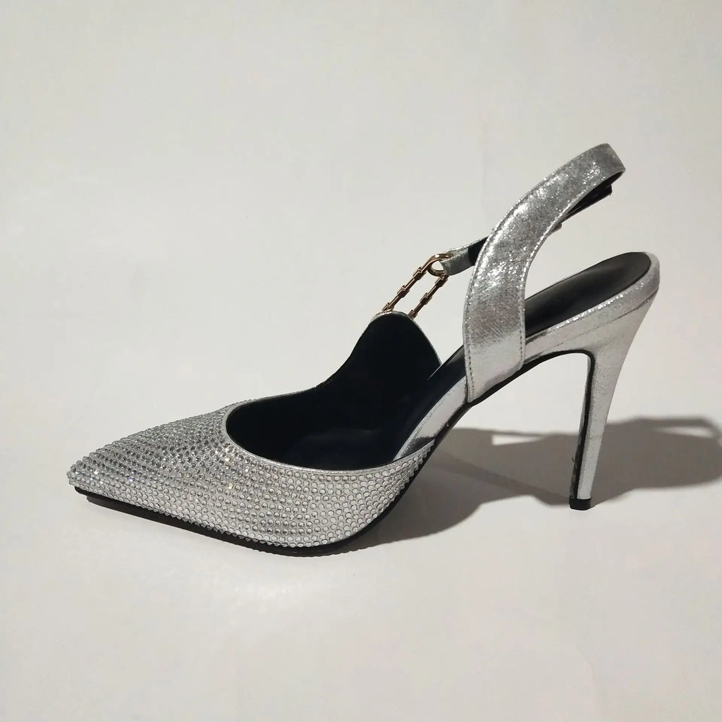 2025Women's Sexy Silk Rhinestone Pumps Belt Buckle Back Hollow Pointed Toe Thin Heel Sandals Pumps Female High Heels Party Shoes