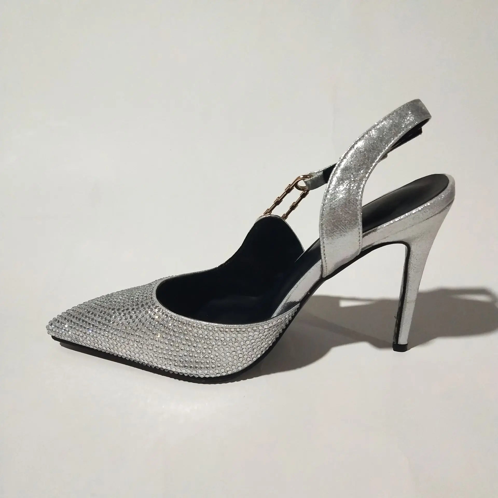 2025Women's Sexy Silk Rhinestone Pumps Belt Buckle Back Hollow Pointed Toe Thin Heel Sandals Pumps Female High Heels Party Shoes