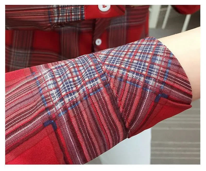 2024 Autumn New College Style Plaid Shirts Womens Long sleeve Button Down Casual Tops Loose Fashion Polo Neck Blouses