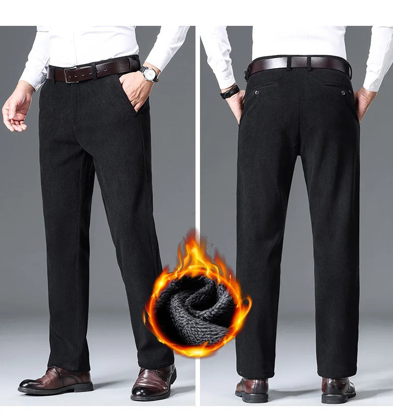 Winter New Corduroy Thick Pants Men's Fleece Fashion Business Straight Trousers Brand Comfortable Velvet Warm Plush Loose Pants
