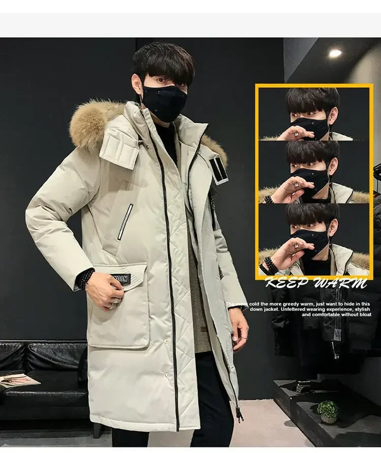 Men's Thickened Down Jacket Hooded Faux Fur Collar Winter Long Parka Jacket Outdoor  Street Fashion Jacket Men's Clothing 2024