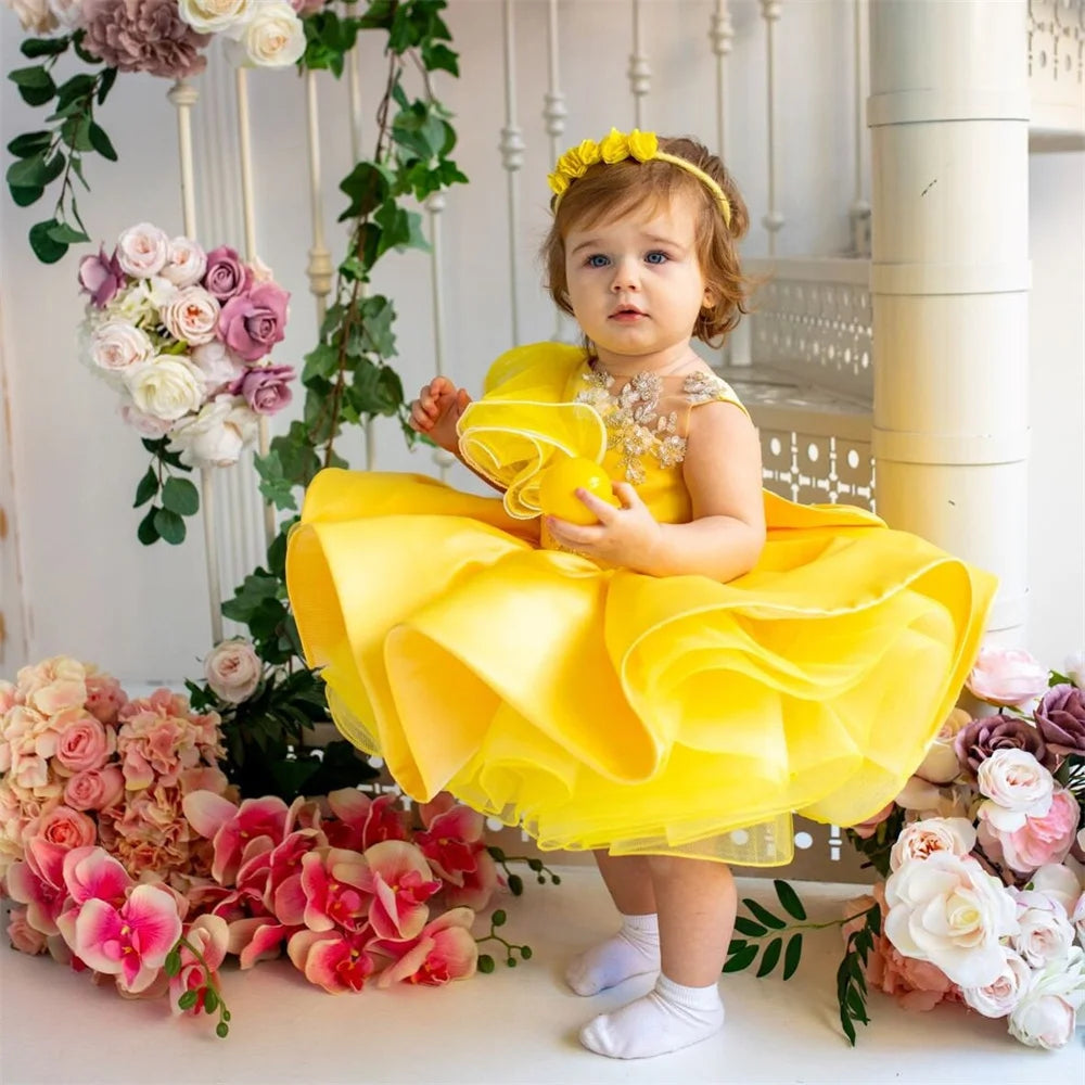 Flower Girl Dresses Yellow Cute Knee Length Customized Children's and Girls' Clothing for The First Eucharist Birthday Ball
